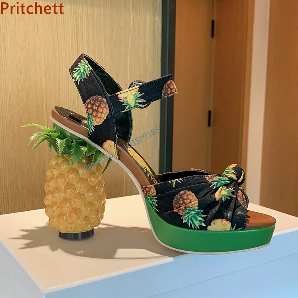 Pineapple Heel Mixed Color Sandals Strange Style Peep Toe Twist Buckle Strap Slingback Shoes Summer Vocation Party Shoes