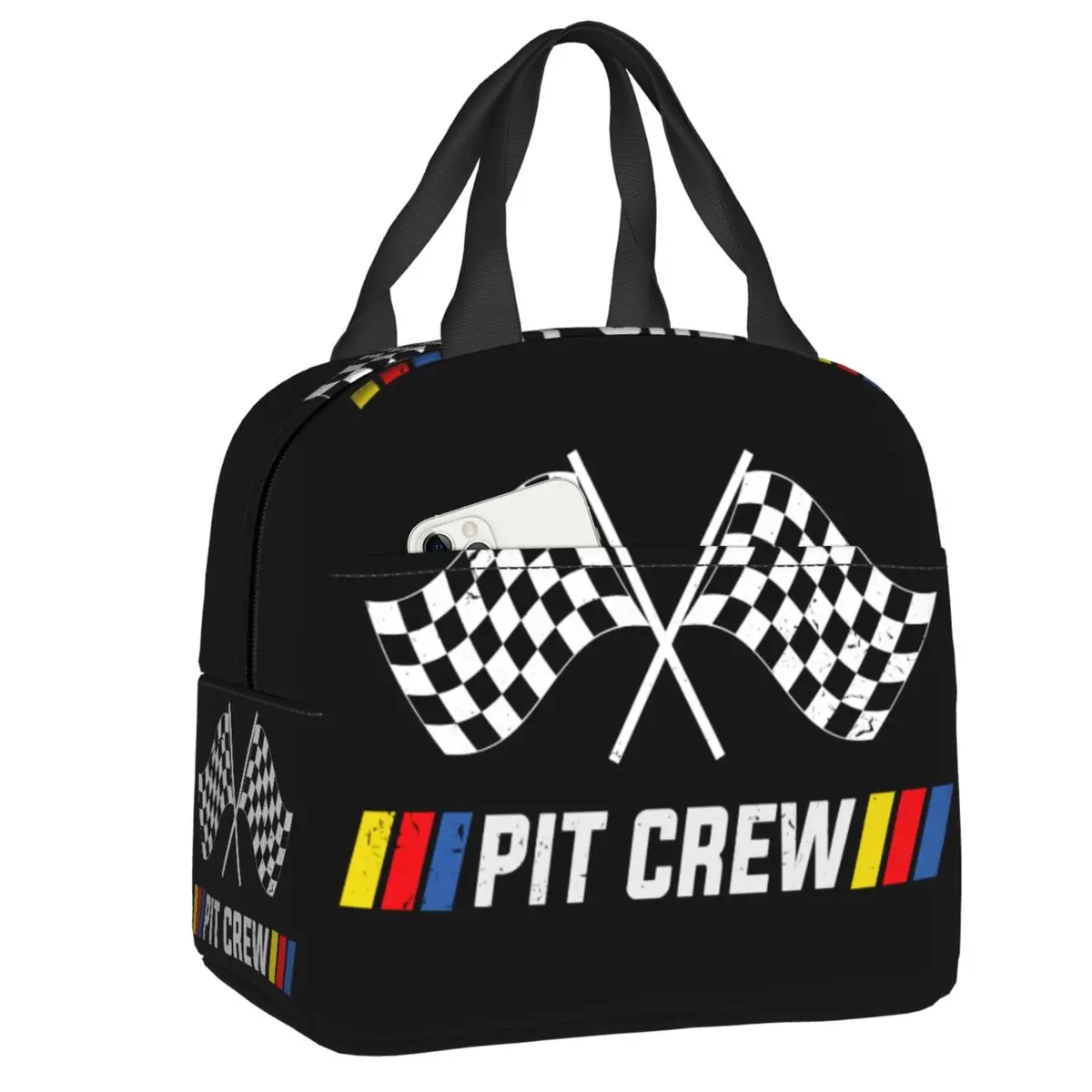 Custom Race Car Pit Crew Checkered Flag Insulated Lunch Tote Bag for Ready To Race Portable Cooler Thermal Food Lunch Box Travel