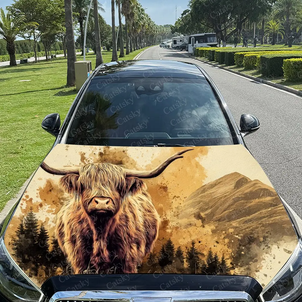 

Ink-style Highland Cow in Mountains Print Car Vinyl Wrap, PVC Material Waterproof Car Hood Sticker, Self-Adhesive Scratch-Resist
