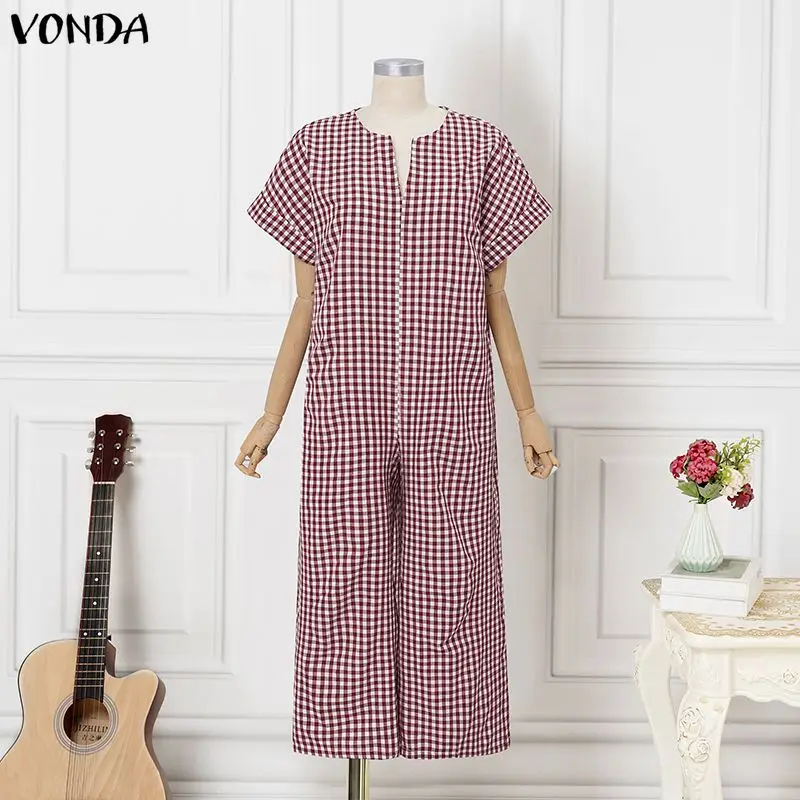VONDA Summer Women Plus Size Jumpsuits Fashion Short Sleeve Tops Wide Leg Pants OL Work Playsuits Plaid Overalls Streetwear