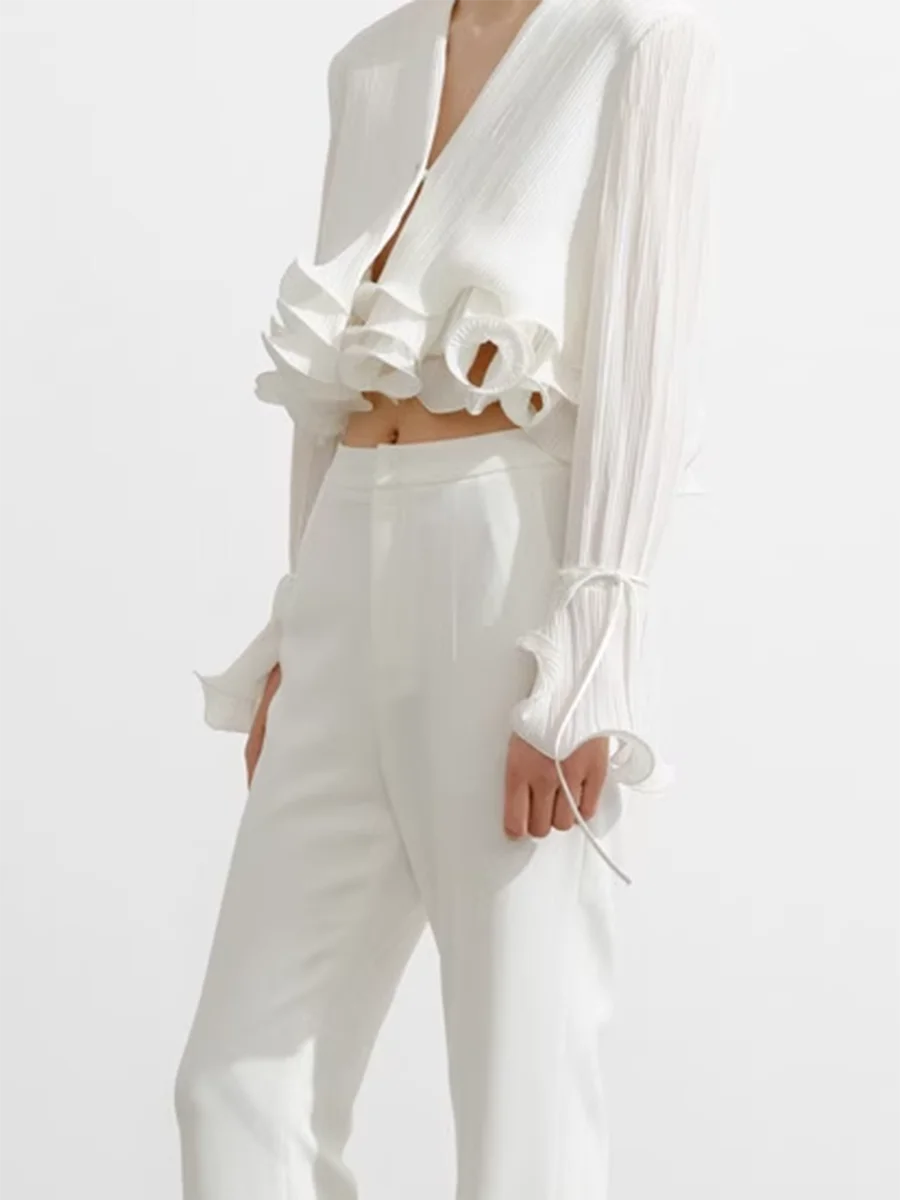 TWOTWINSTYLE Solid Spliced Ruffles Slimming Blouses For Women V Neck Long Sleeve Temperament Shirts Female Fashion Style Clothes