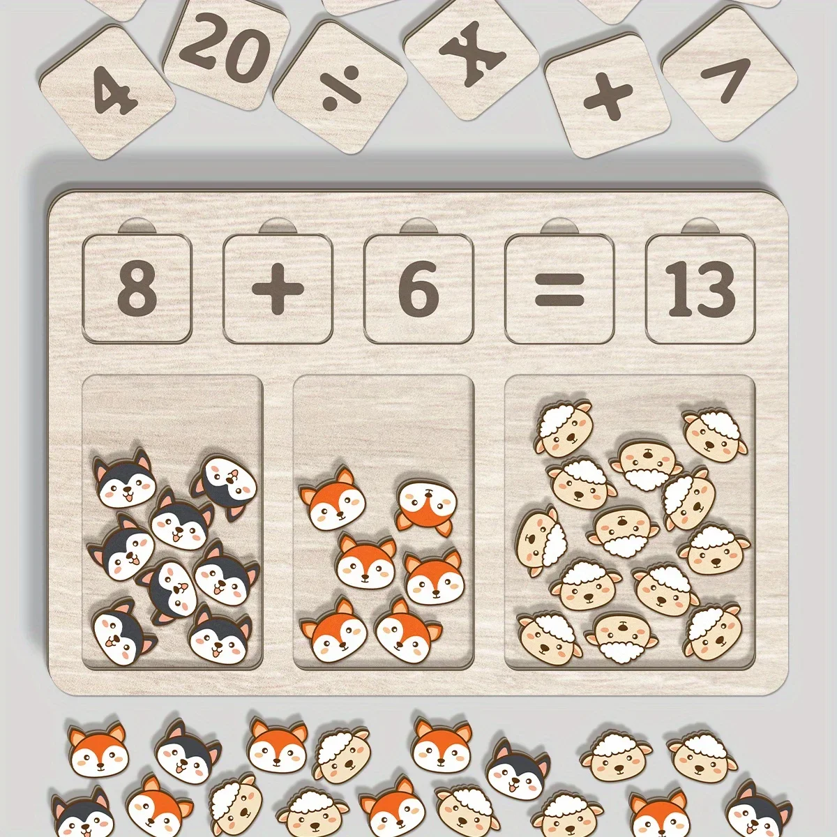 Wooden Math Arithmetic Board Tray Set Number Blocks & Counting Animals Board Game Early Educational Kindergarten Toy for Toddler
