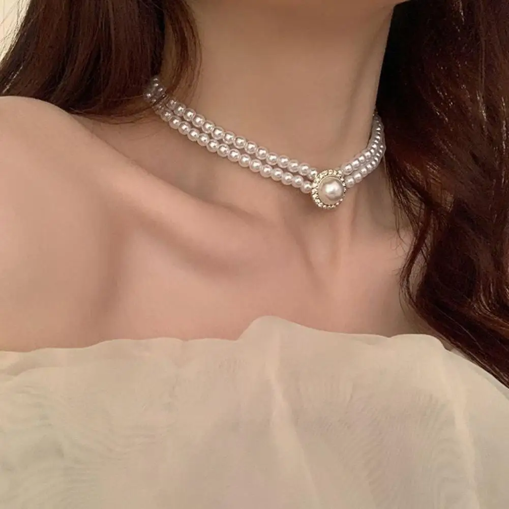 1 Set Bride Necklace French Style Vintage Temperament Double Layer Elegant Gift Hypoallergenic High Gloss Faux Pearl Earrings Ri