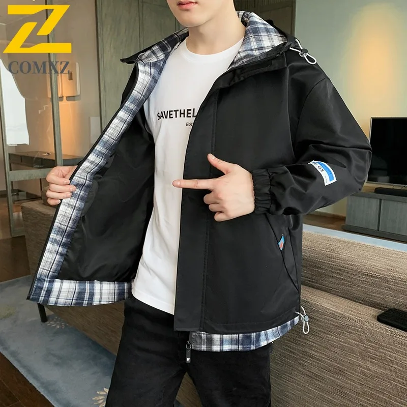 COMXZ Men Hooded Jacket 2025 Grid Splicing Outdoor Windproof Adventure Hiking Camping Hunting Jackets Autumn Adventure Outerwear