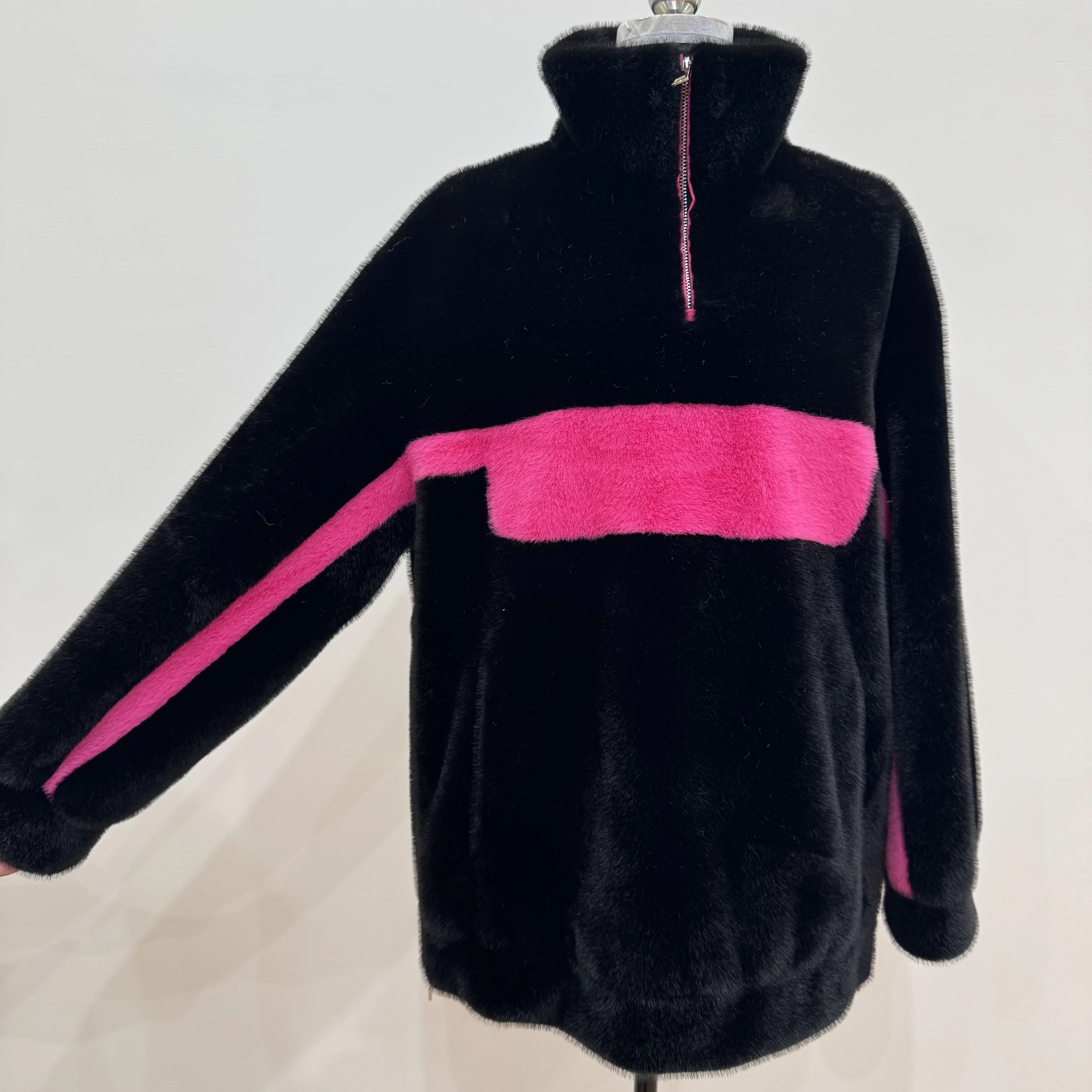 Calda giacca in pelliccia sintetica a collo alto con colore a contrasto e mezza cerniera, capispalla da donna larghi e comodi e alla moda