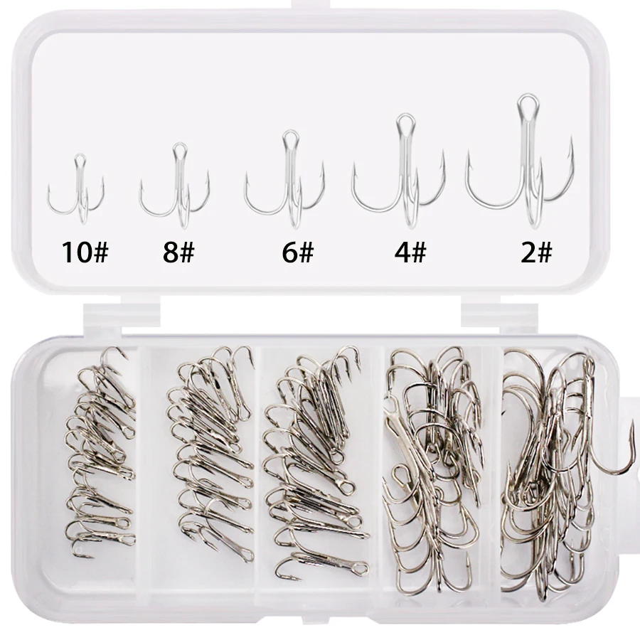 

50pcs Treble Hook High-Carbon Steel Sharp Round Bend Barbed Hooks for Bass Trout Saltwater Freshwater Size 2 4 6 8 10