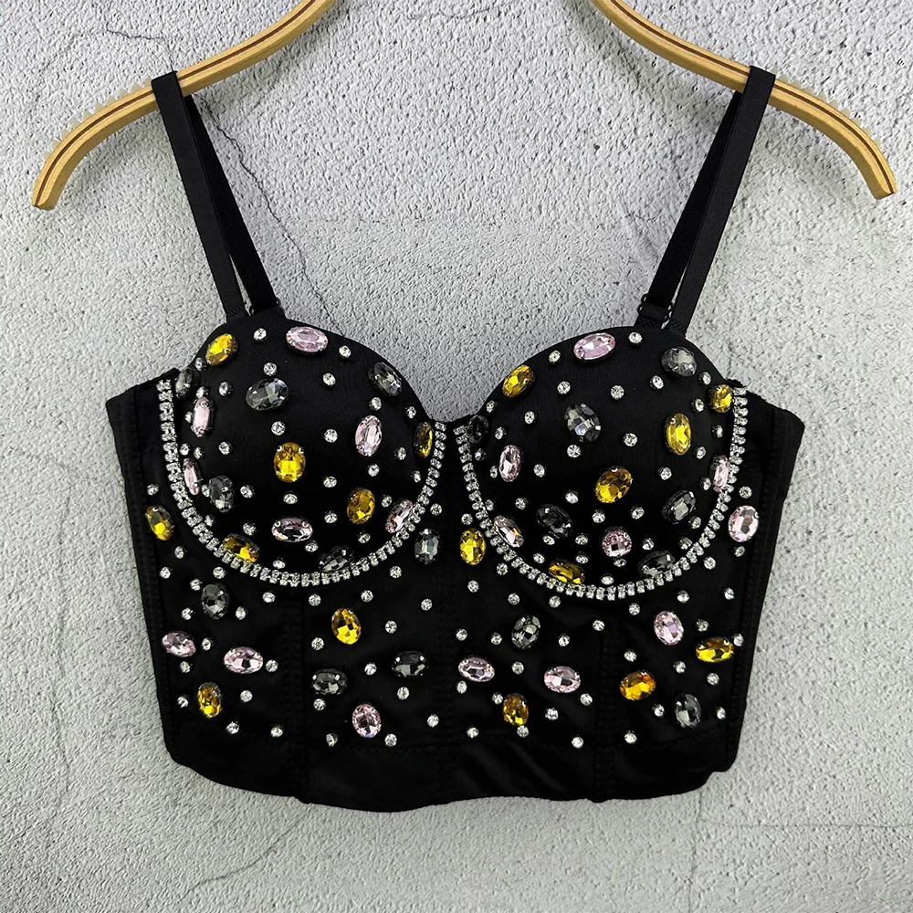 SXTHAENOO Colorful Stones Women Sexy Short Waist Corset Bustier Show Night Club Party Sparkle Crop Tops Bra Pad Tube Tanks Black