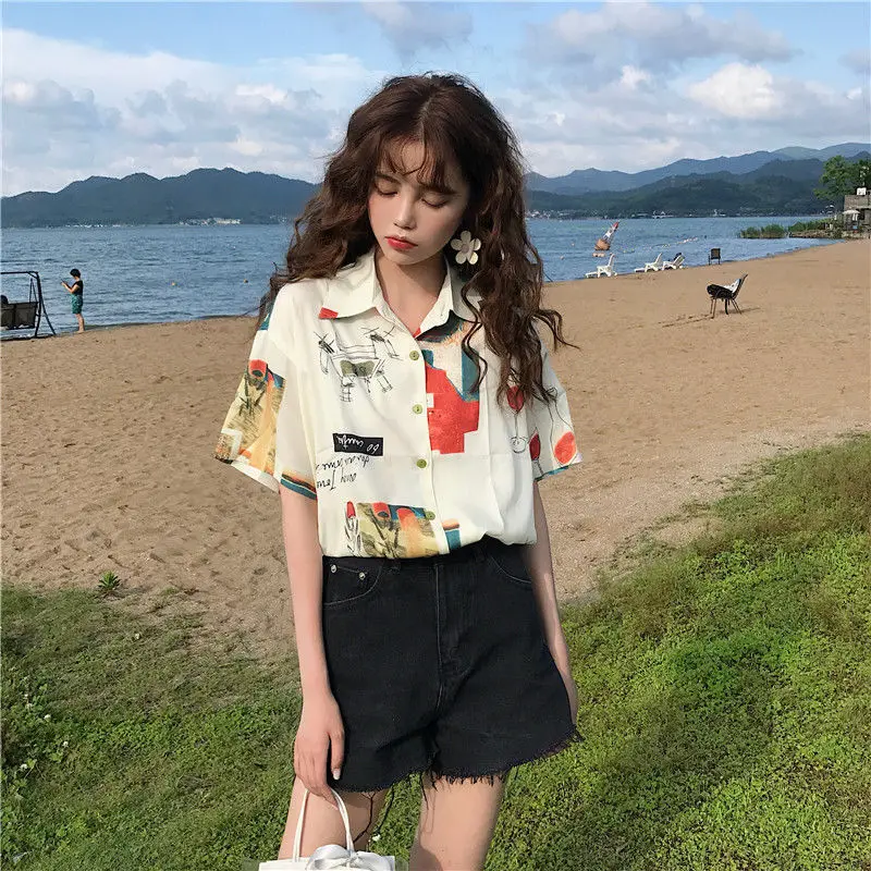 2021 Harajuku Shirt Short Sleeve Tees Chiffon Blouse for Women Women\'s Summer Tunic 2021 Fashion Women Hawaiian Shirt Cute Tops