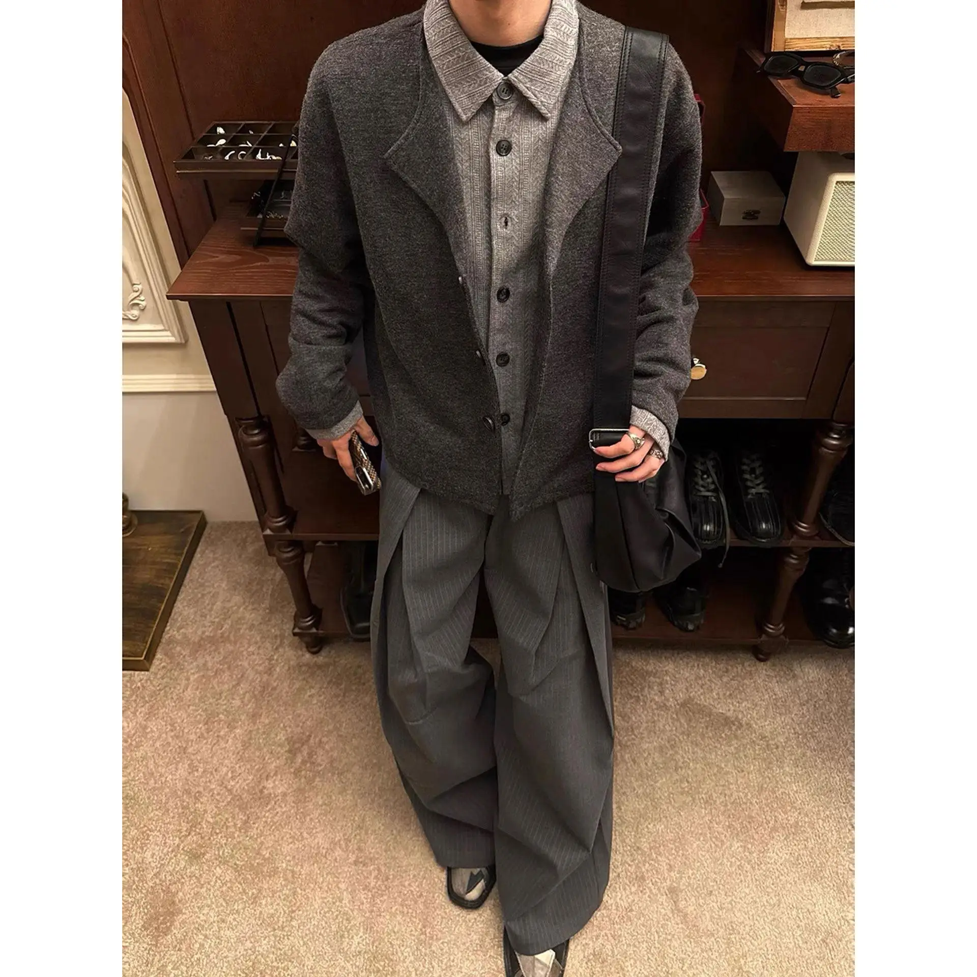 

Мужской вязаный кардиган на осень-зиму с вышивкой в виде колосьев пшеницы, имитация двухслойности, CleanFit, в стиле Old Money, повседневная одежда