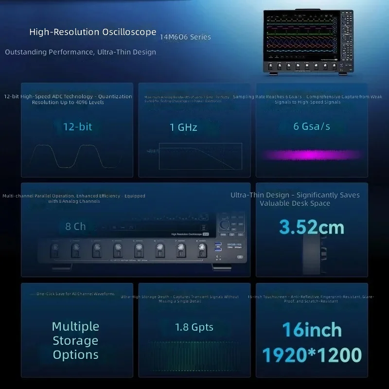 High-resolution Oscilloscope MHO68 Series 1G High-Bandwidth 8-Channel 6GSa/s Ultra-Thin Design Made in Mainland China