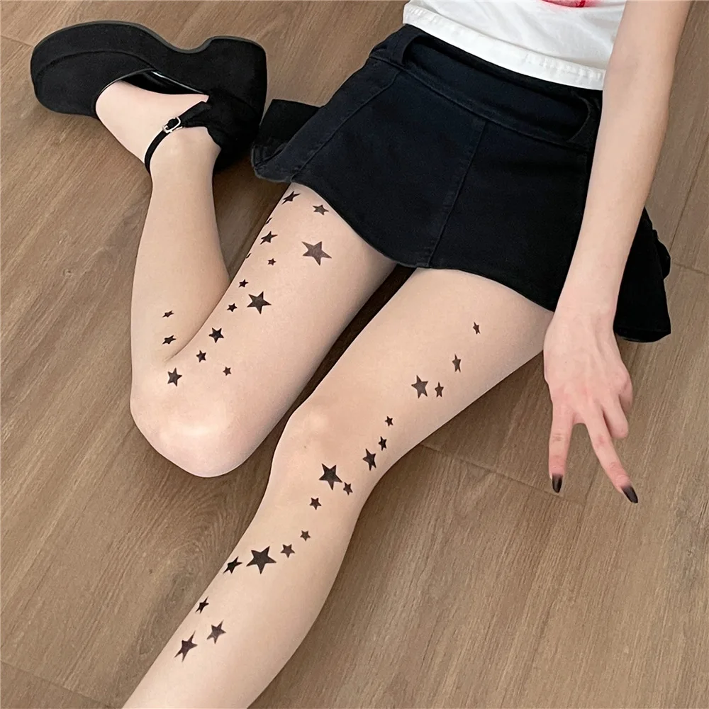 Y2K Star Printed Silk Stockings Japanese Kawaii Cat Tattood Print Pantyhose Lolita JK Tights Gothic Cosplay Party Tights Socks