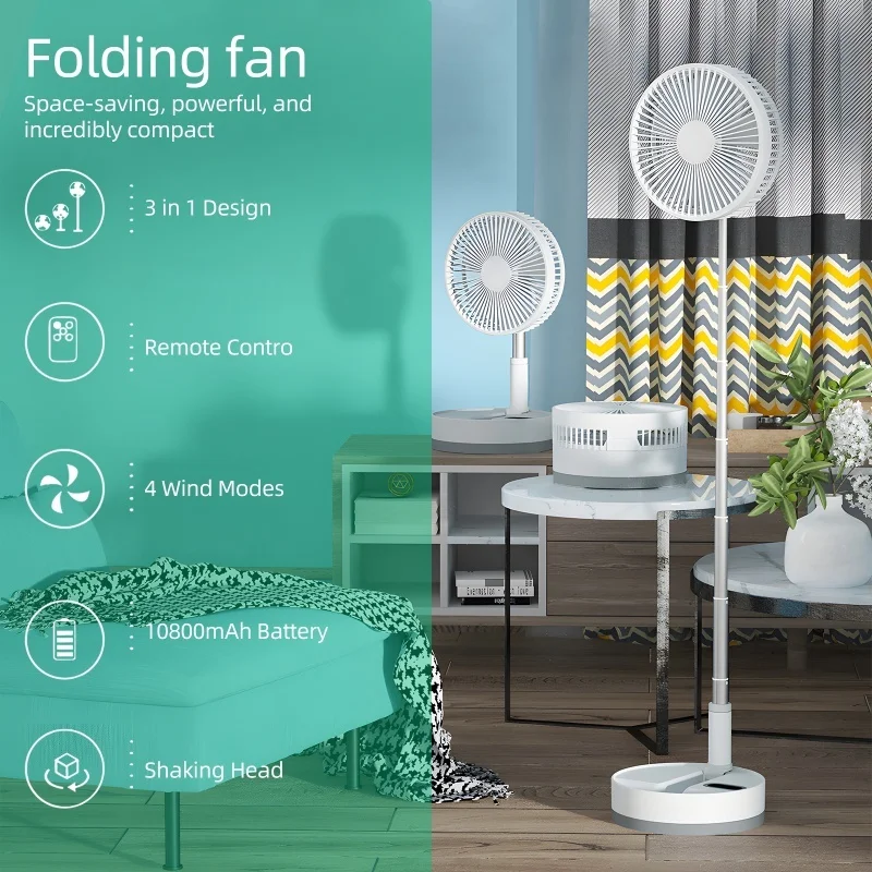 9 Inch Portable Standing Fan USB Rechargeable Battery Operated Oscillating Pedestal Fan with Remote LED Night Light 4 Speed