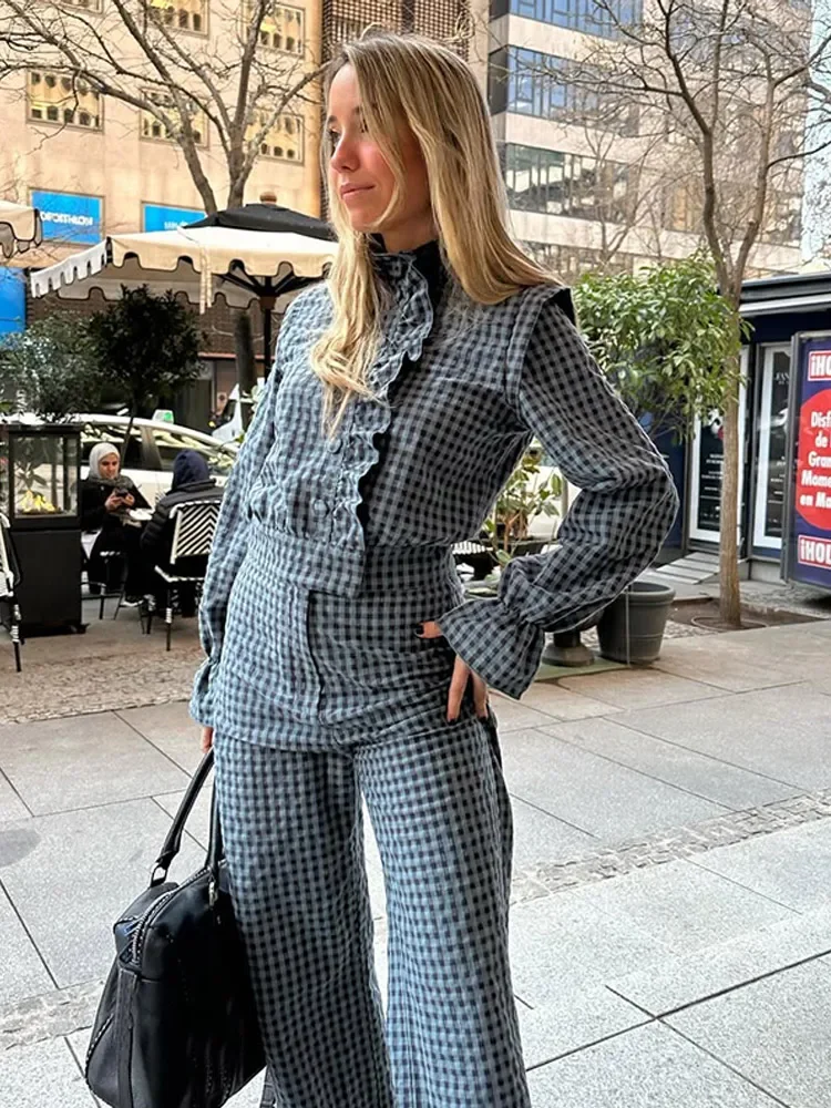 Woman Plaid Shirt And Pants Suit Fasion Single Breasted Short Blouse And Loose Trousers 2 Pieces Set 2025 Spring Ladies Outfit