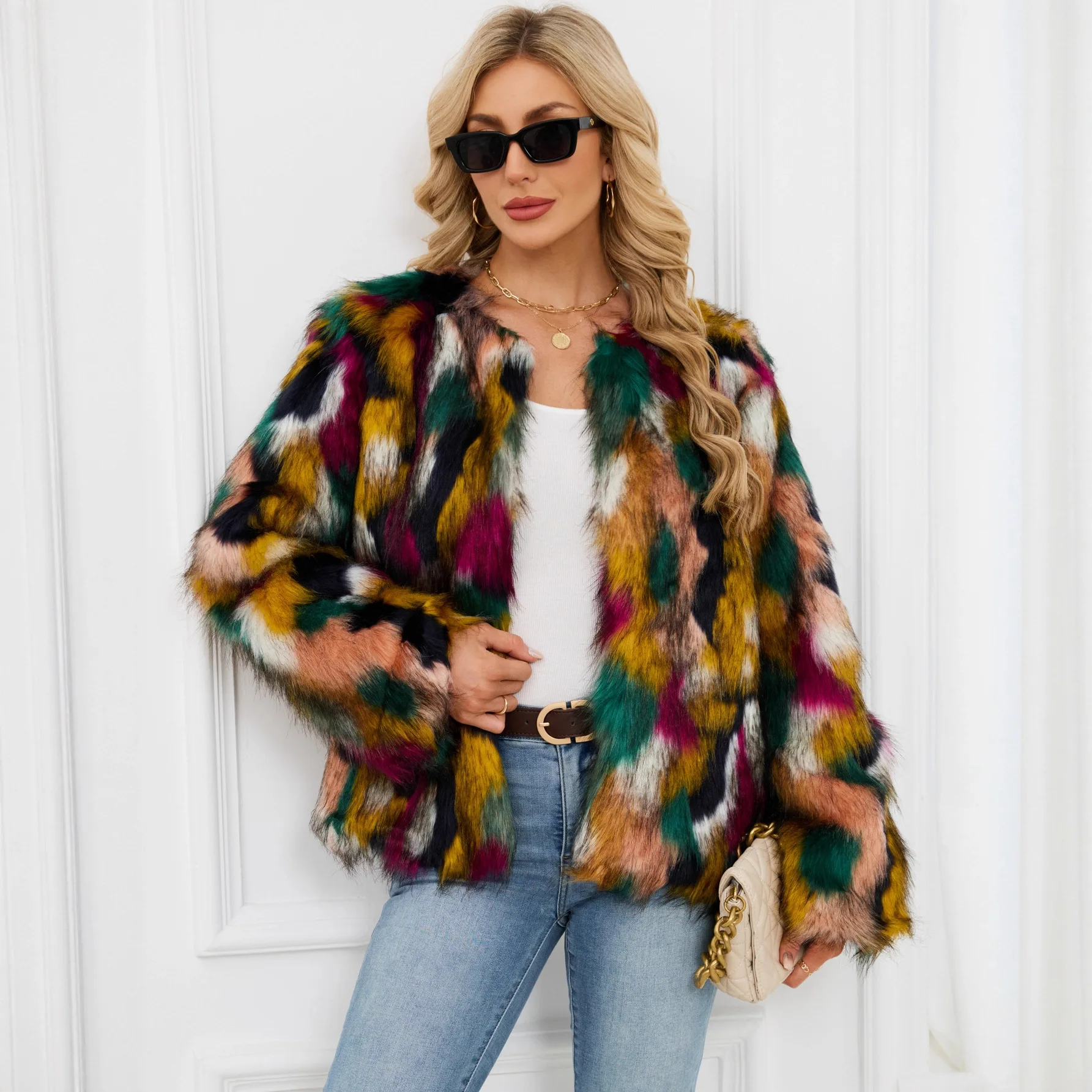 معاطف نسائية من الفرو الصناعي سترات برقبة دائرية وأكمام طويلة معطف مطبوع سميك دافئ Y2k ملابس الشارع الشهير ملابس خارجية للعمل للخريف والشتاء