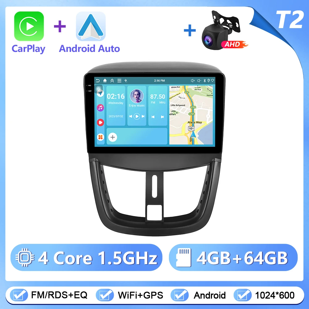 Podofo draadloze CarPlay Android Auto autoradio voor Peugeot 207 2009-2013 GPS navigatie 2Din multimediasysteem autoradio stereo