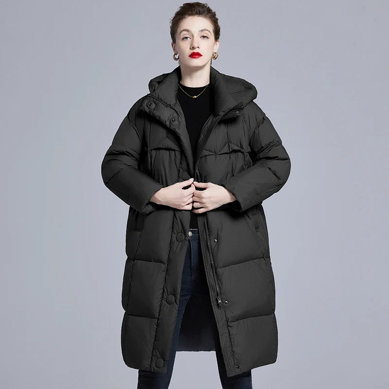 Piumino da donna con cappuccio extra lungo, giacca trapuntata imbottita in piuma grigia con tasche frontali Polsini regolabiliParka invernale oversize