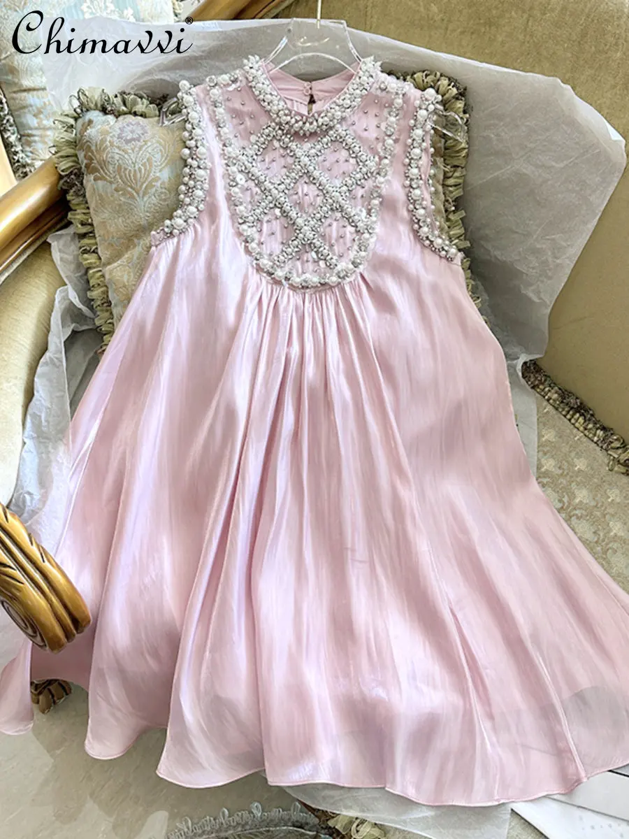 

Ladies New 2023 Summer Dress High-end Embroidery Beaded Pink Girl Dress Loose Sweet Elegance Sleeveless Party Dress for Women