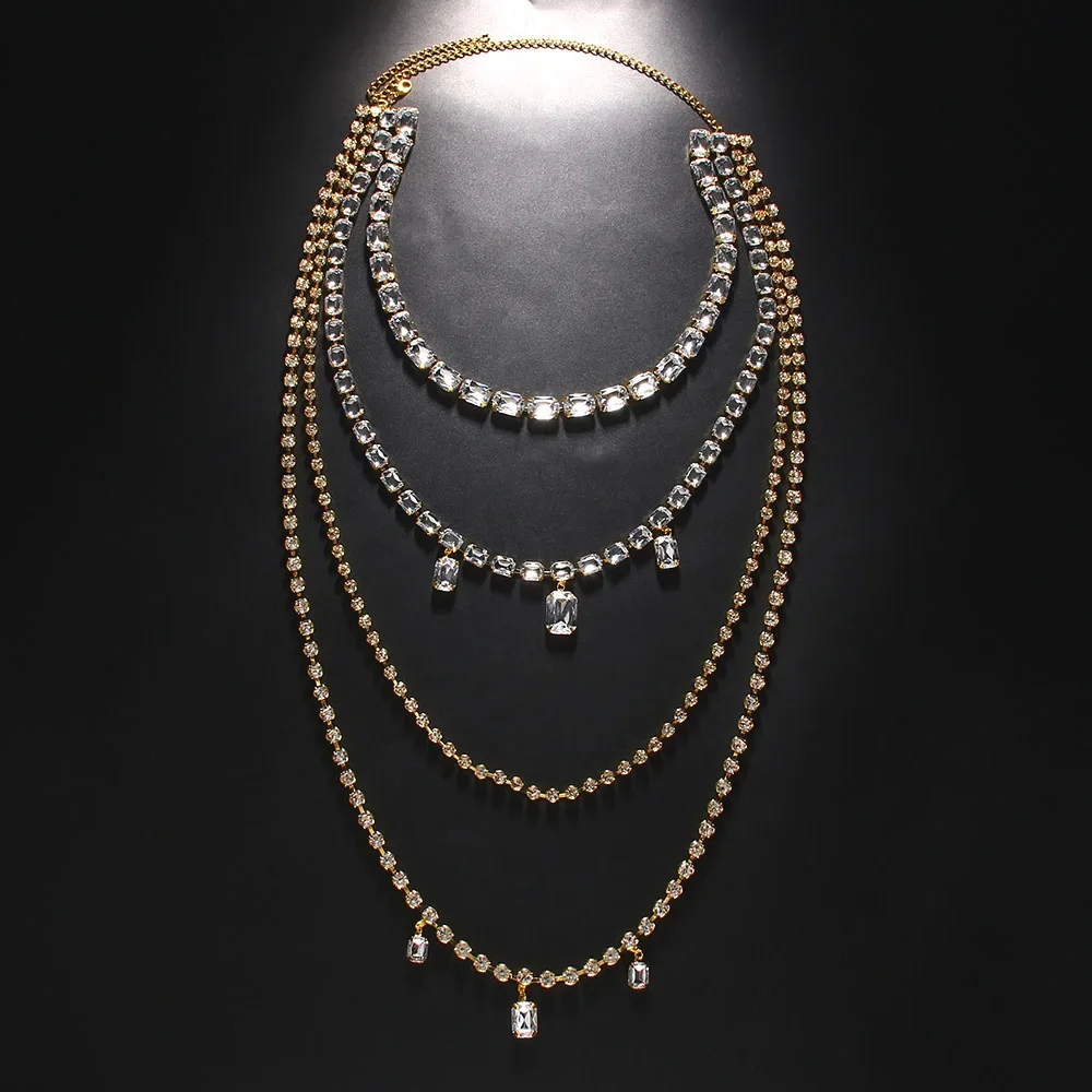 سلسلة جسم بشراشيب طويلة من حجر الراين اللامع للنساء ، متعددة الطبقات ، قلادة مربعة كبيرة ، سلسلة كتف ، مجوهرات جسم كريستال