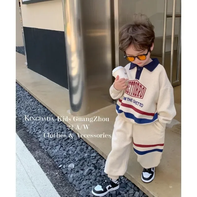 Korean Kid Set Baby Boy Suit  Spring Autumn Fashion Letter Print Baby Girls 2pcs Outfits Clothes Lapel Cotton Sweat + Pant