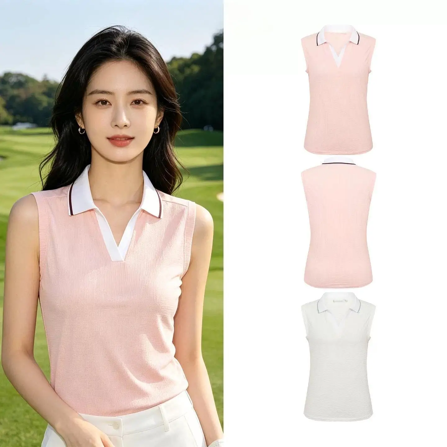 New Summer Ladies Sleeveless Collar Golf T Shirt Color Matching Slim Quick Dry Breathable Women Athletic Sport Training Vest