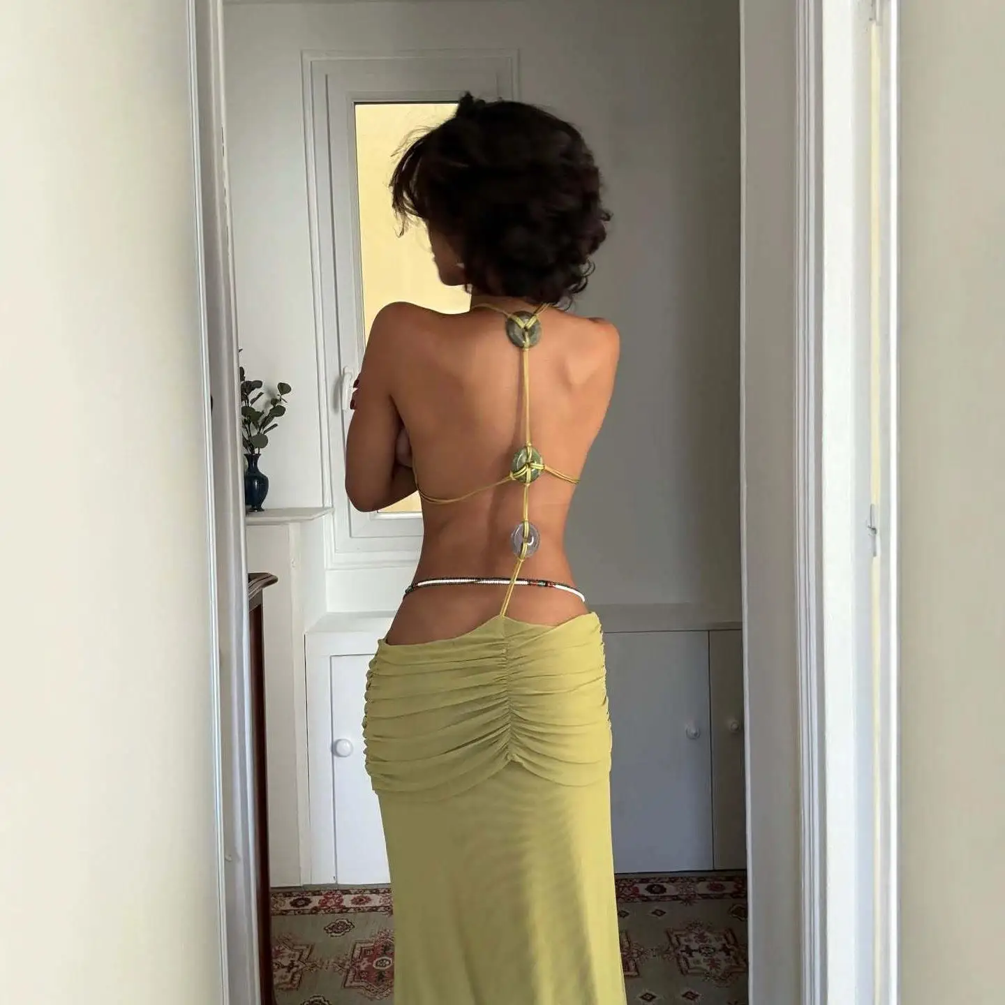 Beach Vacation Long Skirt Bohemian Neck Hanging Bead Belly Show Drawstring Waist Slimming Beach Holiday Sand Beach Dress