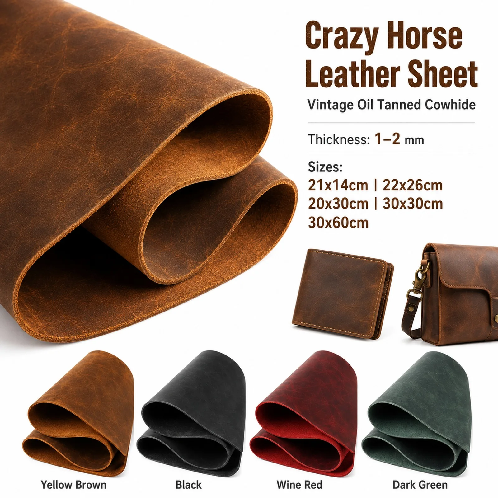 1pcs Crazy Horse Leather, Handmade DIY Leather, Top Iayer Cowhide,Oil Wax Leather, Genuine Leather, Retro 1-2mm Thick