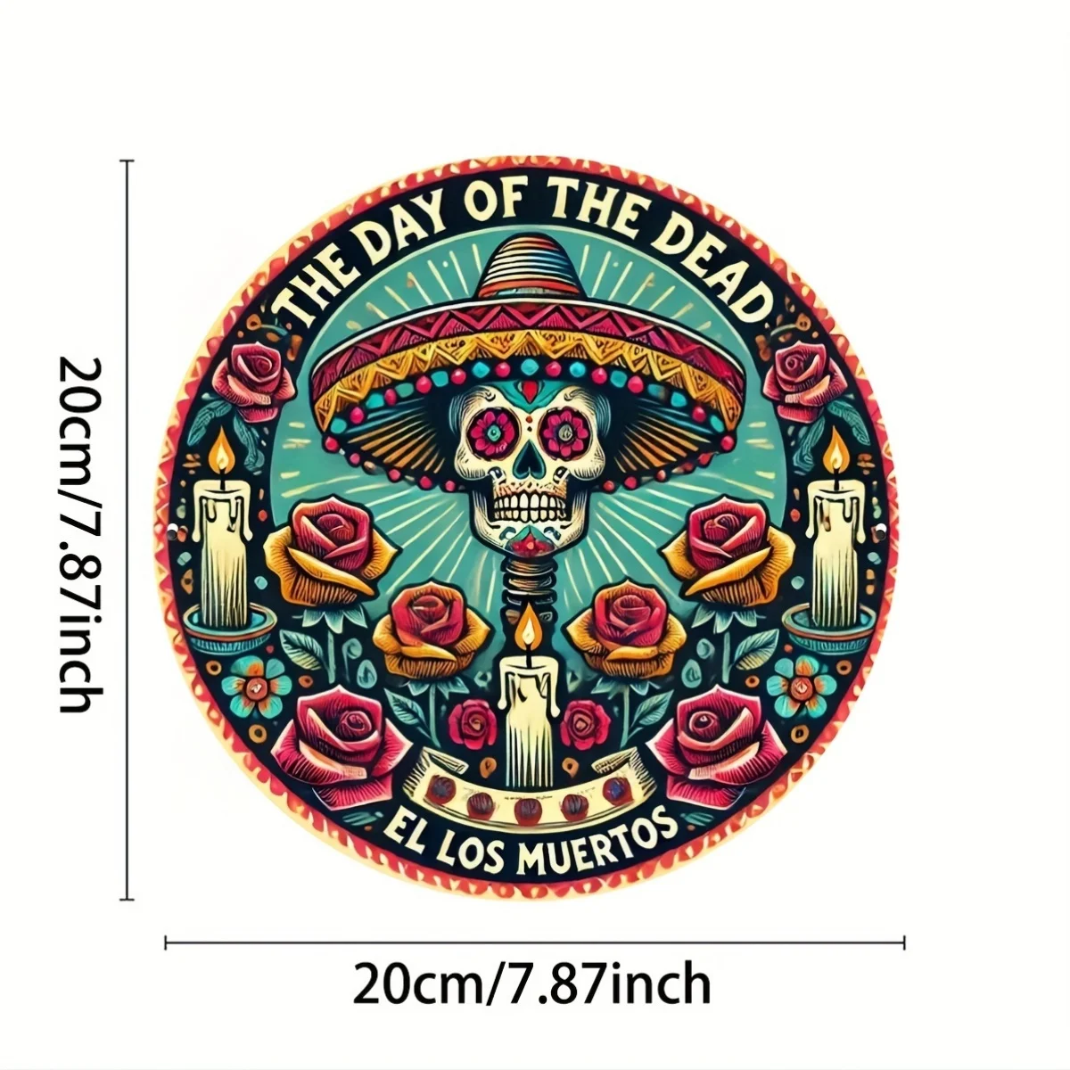 1pc, 8x8 inches, Dia de los Muertos Sugar Skull Wreath Sign, Round Decor for Home, Porch, Wall, Window - Multifunctional Outdoor