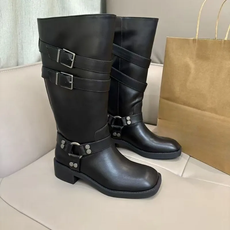 

Black Leather Thick Bottom Women Winter High Boots Retro Square Toe Western Cowboy Style Brand Knight Shoes for Cool Girl