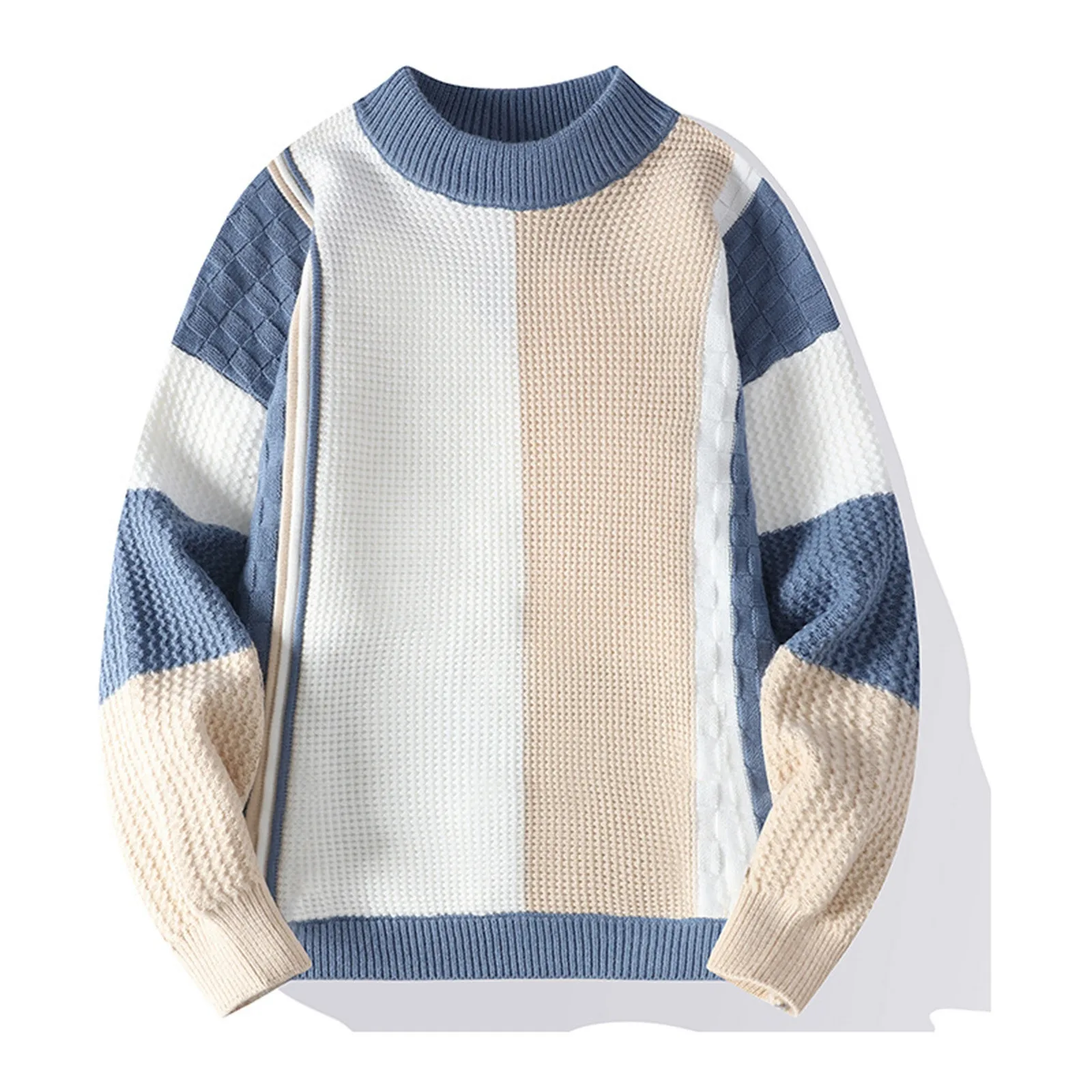 

Men's Casual Crewneck Patchwork Pullover Sweater Koren Streetwear Knitted Jumper Oversize Loose Long Sleeve Jacquar Knitwear