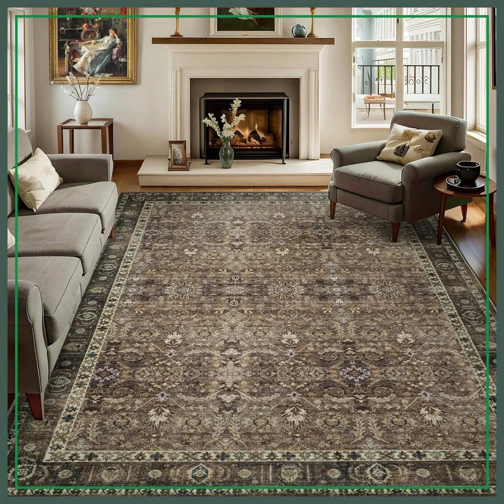 

8x10 Vintage Washable Area Rug for Living Room, Low Pile Non Slip Carpet, Large Indoor Rug, Stain Resistant, Brown Floral