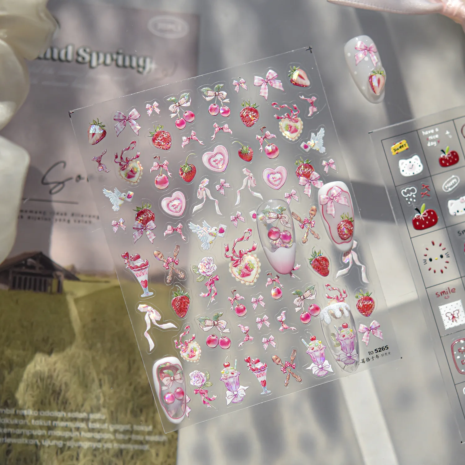 Süße Erdbeere karierter Stoff Cartoon Aufkleber Nägel Kunst Dekoration 5D geprägte Nagelaufkleber Anime selbstklebende Abziehbilder DIY
