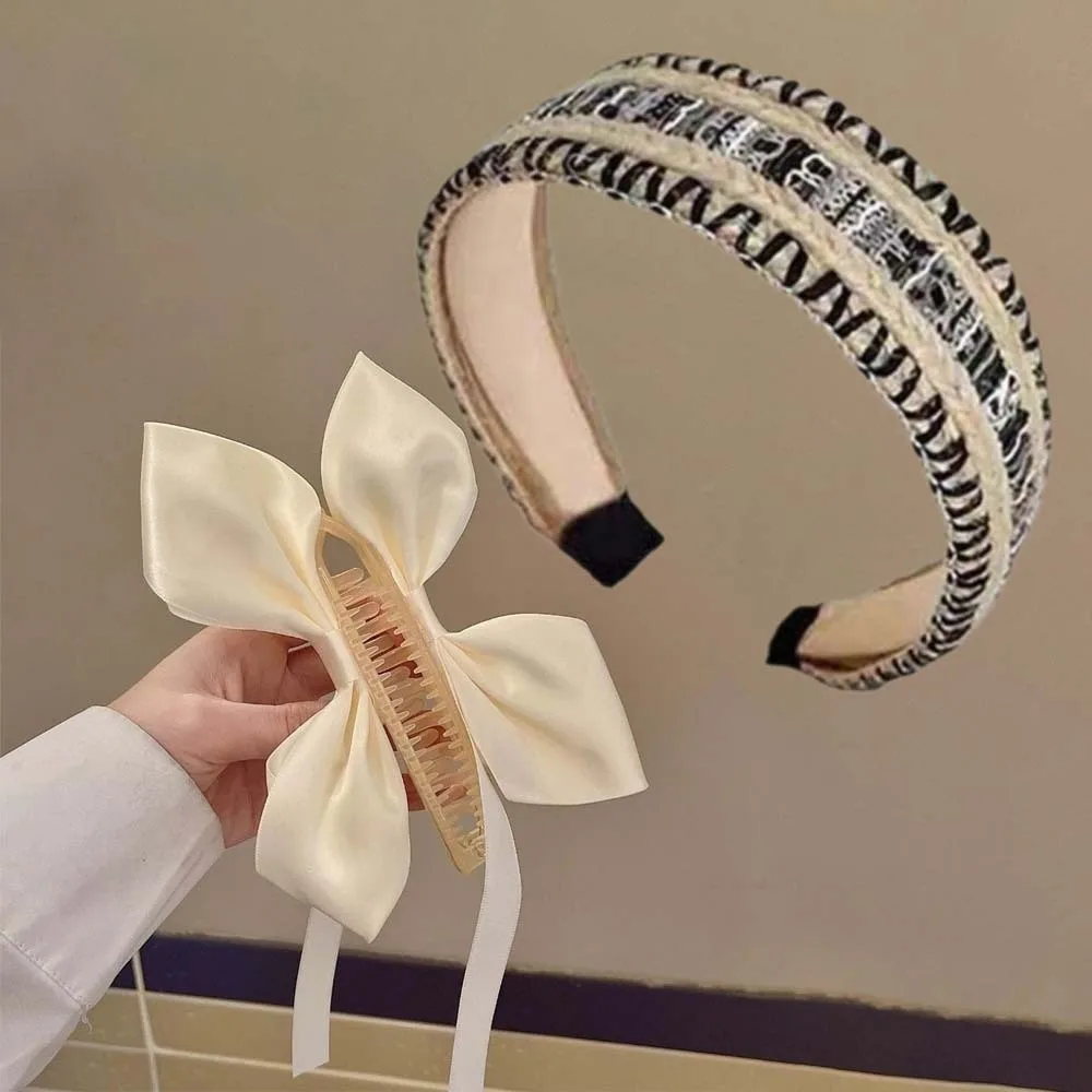 

2 шт., универсальная лента в балетном стиле, зажим-банан, широкий боковой тканый бант, вертикальный зажим, противоскользящая милая женская тканая повязка на голову на каждый день