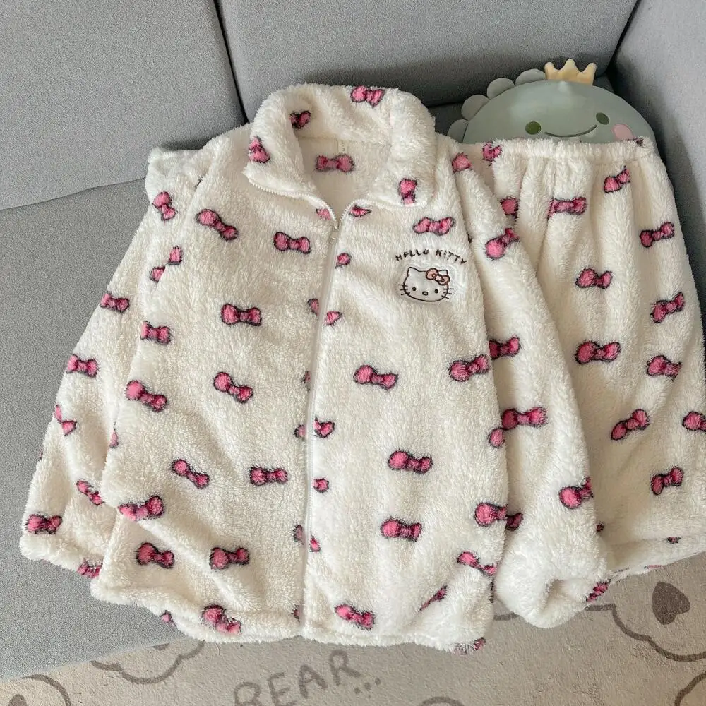 حار سانريو مرحبا كيتي الفتيات المخملية الدافئة منامة مجموعة أنيقة سيدة الترفيه الحلو سستة Homewear قطعتين مجموعة المرجان الصوف