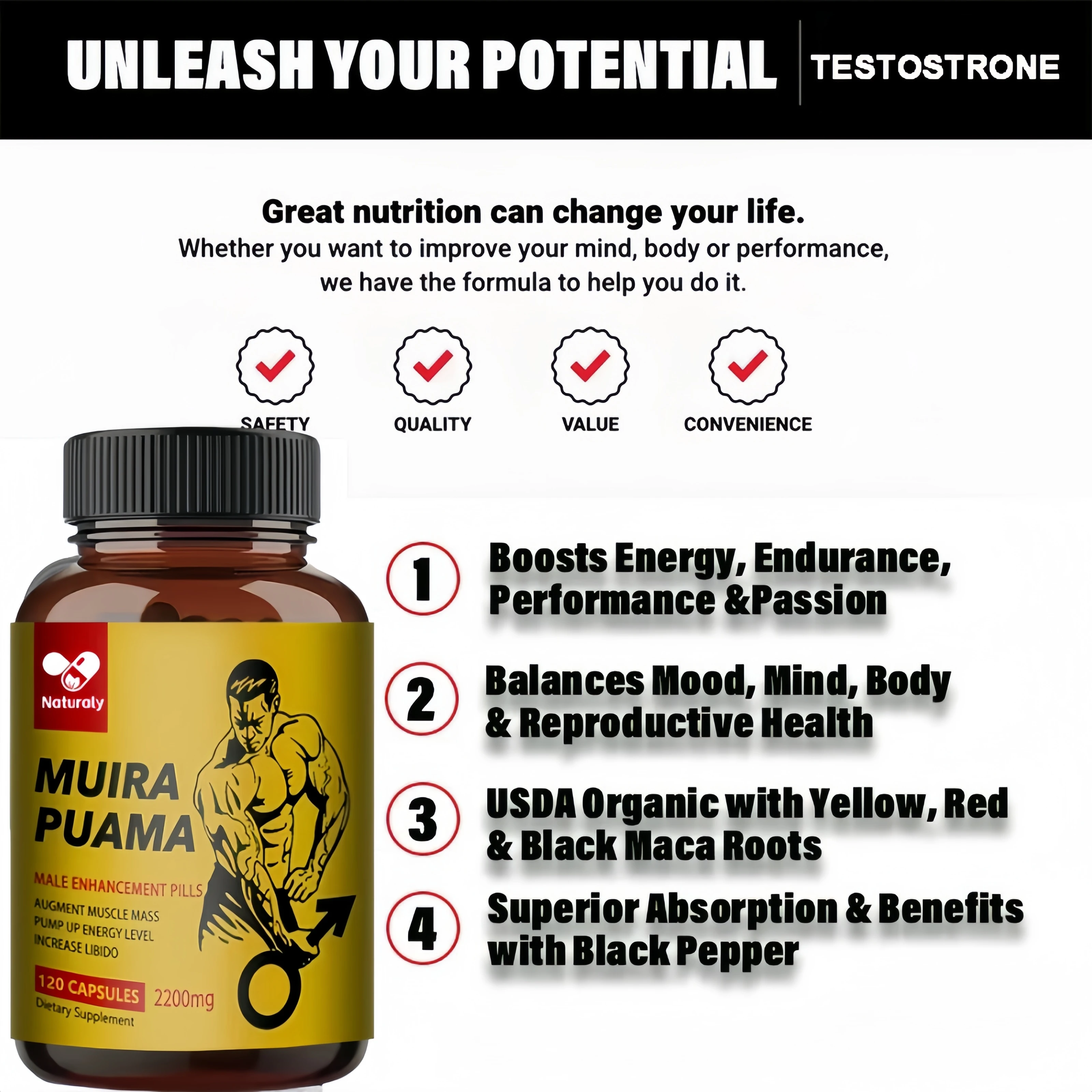 Muira Puama Extract - Men's Sports Performance Supplement, Muscle Building Capsules