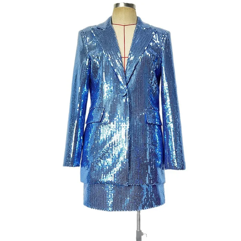 Fashion Luxurious All Over Sequined Lady Notched Long Sleeve Single Button Blazer Pencil Mini Skirt Women Solid 2pcs