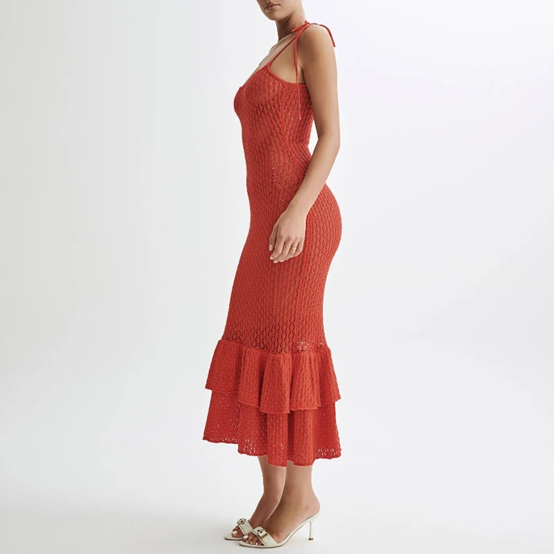 ชุดคลุมบิกินี่ถักสำหรับวันหยุดพักผ่อนริมชายหาดสำหรับผู้หญิง สีพื้น แต่งระบายสองชั้น ชุดเดรสแบบสลิป เซ็กซี่ โชว์เนื้อผ้าแบบโปร่ง ชุดคลุมชายหาด