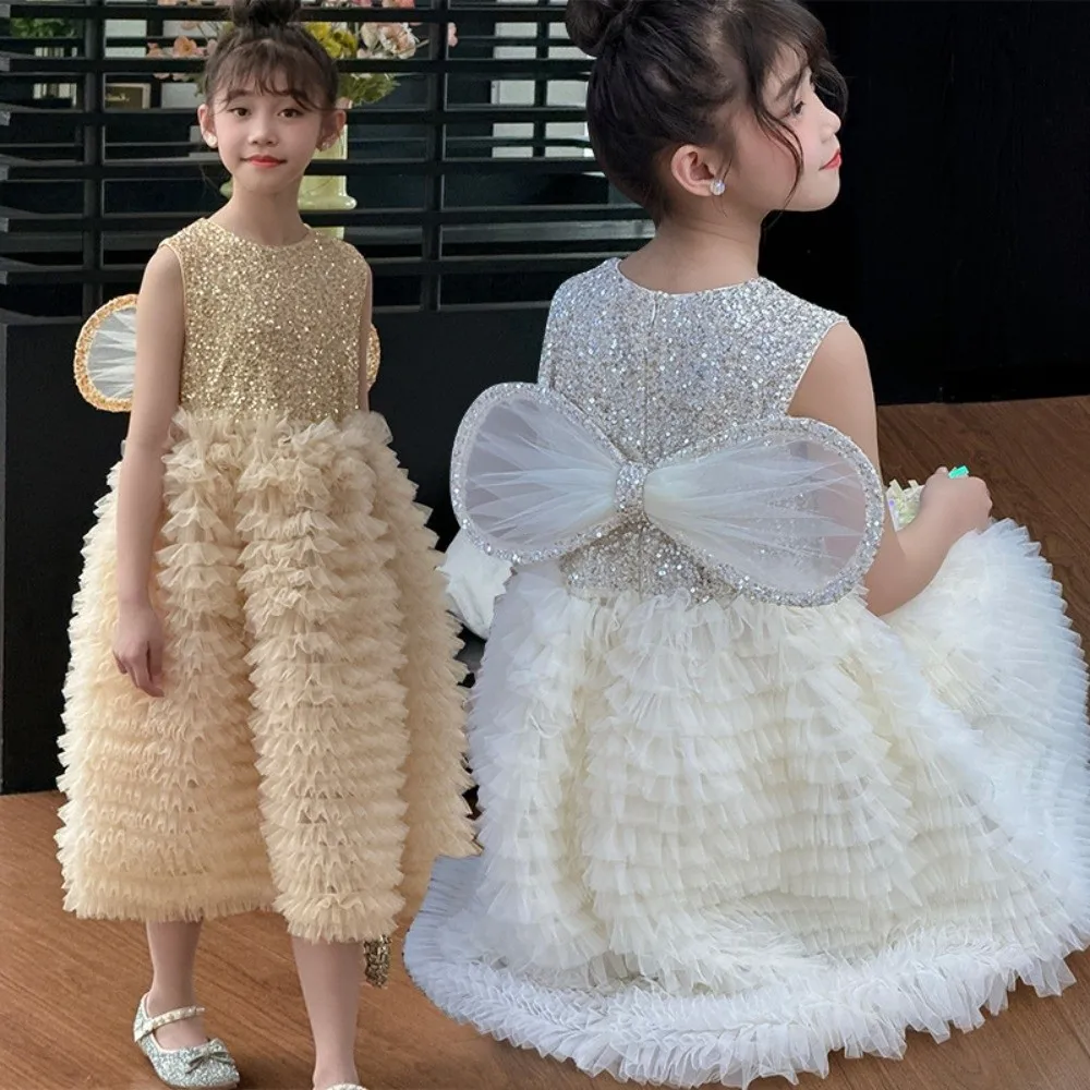 

Детское платье принцессы с бабочкой и бантом и крыльями, свободное платье с круглым вырезом и пайетками, длинное платье без рукавов для торта на день рождения