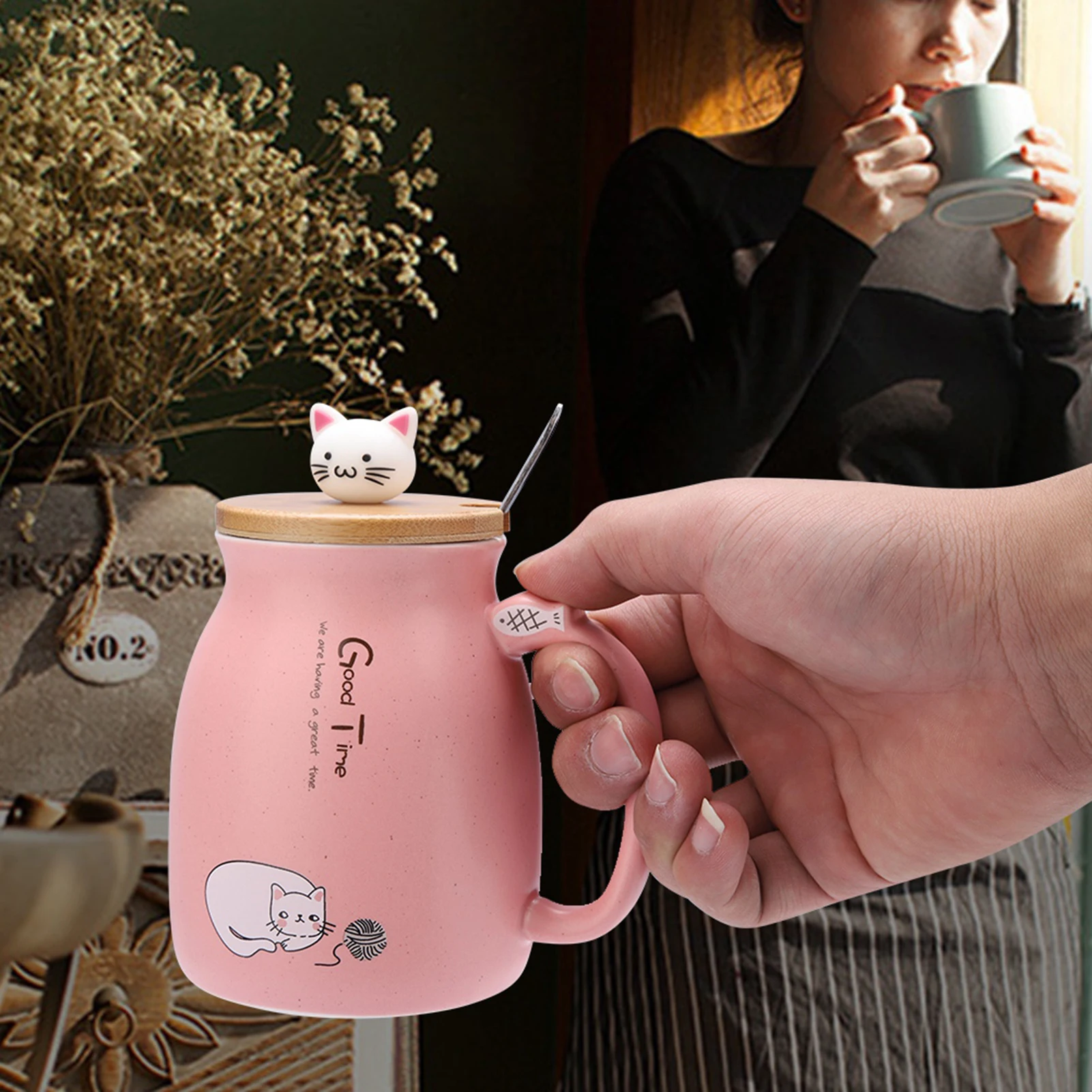 Cat Mug Coffee Mug Cup with Spoon Lid Lovely Cat Ceramic Cup with Spoon and Lid Coffee Water Milk Mug for Drinkware Gift