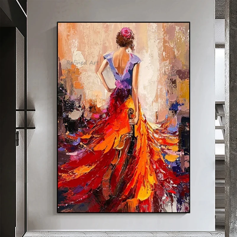 

Hand Painted Abstract Oil Painting Canvas Play Violin for Living Room Modern Wall Art Decor for Bar Cafe and Home