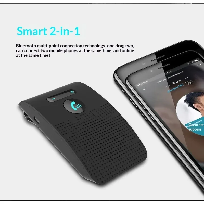 Bluetooth 5.0 Handsfree Car Kit Hifi Speaker 2W Wireless Audio Receiver MP3 Music Player Noise Cancelling Sun Visor Clip