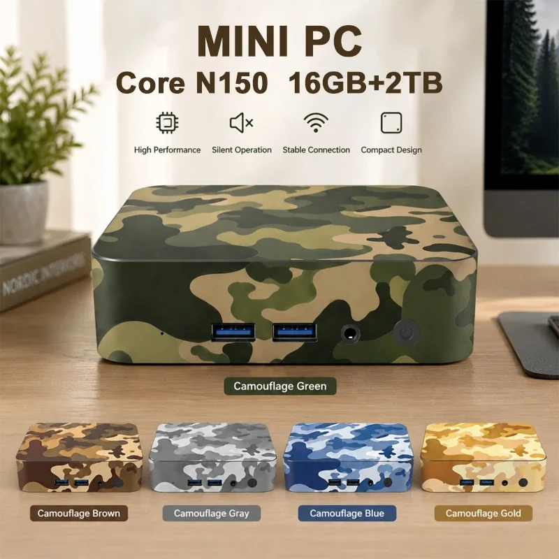Camouflage Mini PC Intel N150 Dual HDMI LAN USB 16G+2TB Storage Quiet Cooling Mini Desktop For Light Gaming Office