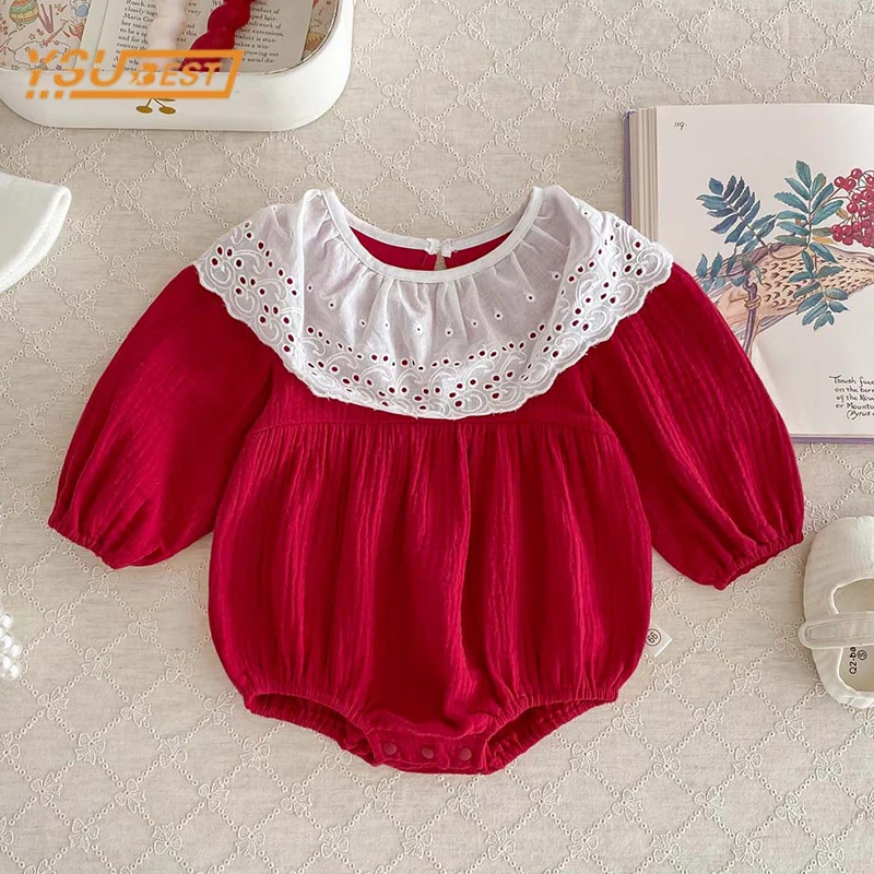 Newborn Kids Baby Girls Sweet Lace Princess Rompers Infant Baby Girls Long Sleeve Solid Color Rompers Clothes