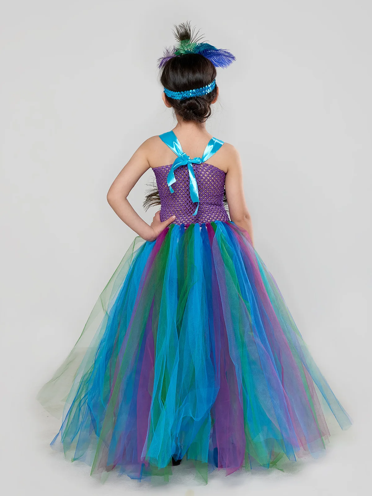 Fancy Peacock Feather Girl Pageant Tutu Dress With Headband Children Kids Birthday Party Wedding Ball Gowns Trailing Tulle Dress