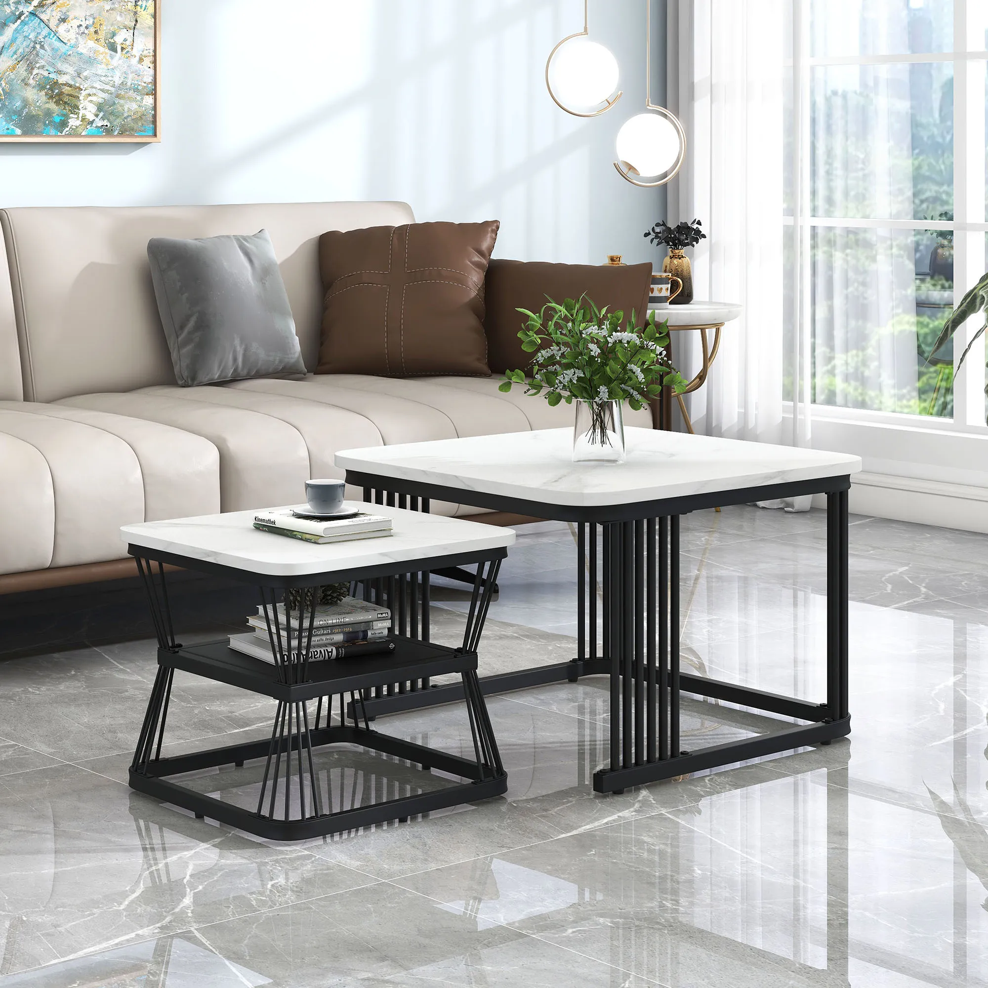 Set of 2 modern side tables, PVC marble look, Black Matt steel tubes, 2 tables measuring 65x65x45 cm and 45x45x39.5 cm