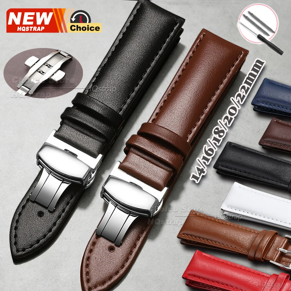 Neue 14/16/18/20/22mm Schmetterlingsverschluss-Armbänder aus echtem Kalbsleder als Ersatz für Uhrenarmbänder mit Dornschließe