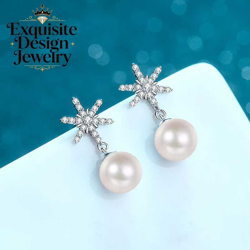 Exquisite Platinum PT950 Delicate Chic Design Women's Snowflake Micro-Set Moissanite 8mm Freshwater Pearl Stud Earrings
