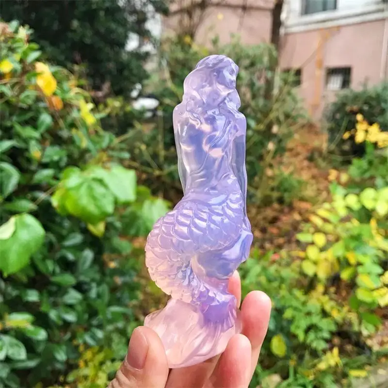 11.5CM High Quality Pink Opalite Mermaid Crystal Carving Crafts DIY Home Decoration Birthday Gift Healthy Children Toy 1pc