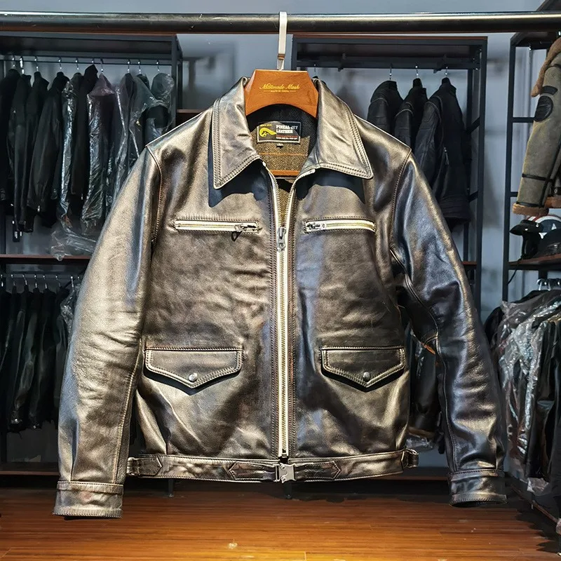 

Heavy-washed pleated leather men's lapel multi-pocket