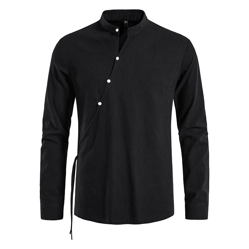 

Mens Vintage Oblique Placket Cotton Linen Shirt Banded Collar Long Sleeve Medieval Gothic Renaissance Shirts Chemise Homme