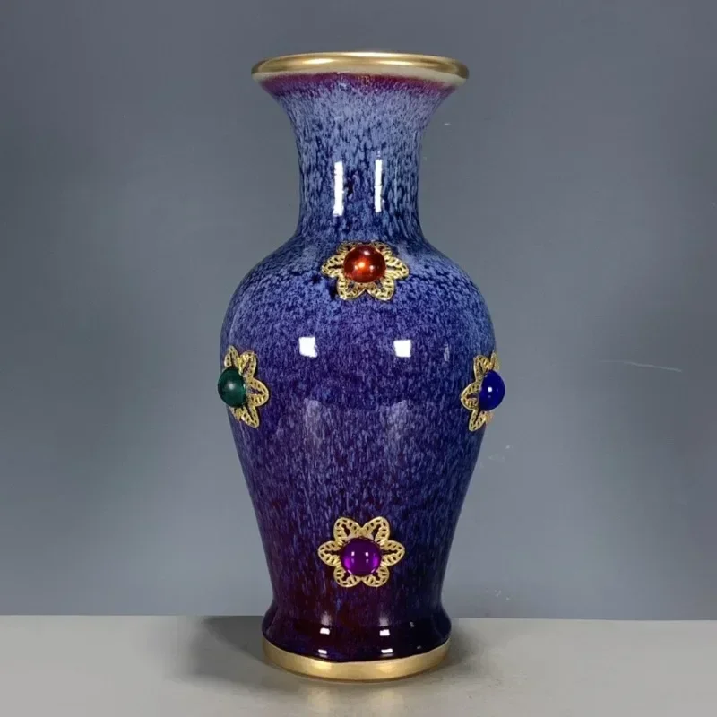 

Antique Old Goods Qing Dynasty Returning from Overseas Gilding Inlaid Gem Jun Porcelain Kiln Baked Antique Vase Ornaments A